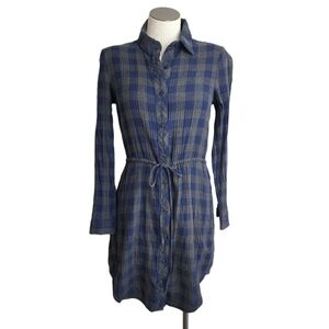 Ro & De Blue Collar Button Plaid Long Sleeve Drawstring Shift Dress   Size SX